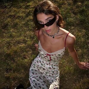 Indie Designer Cream and red floral midi Cherry Dress